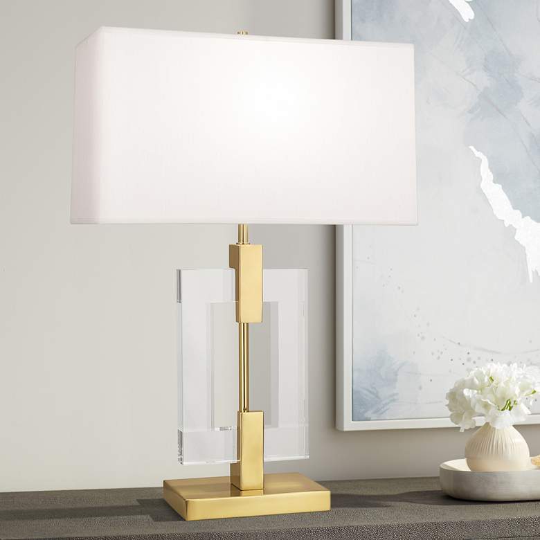 Image 1 Lincoln 29" Brass Metal and Crystal Table Lamp with Pearl Shade