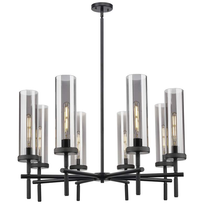 Image 1 Lincoln 32"W 8 Light Matte Black Stem Chandelier With Light Smoke Shade