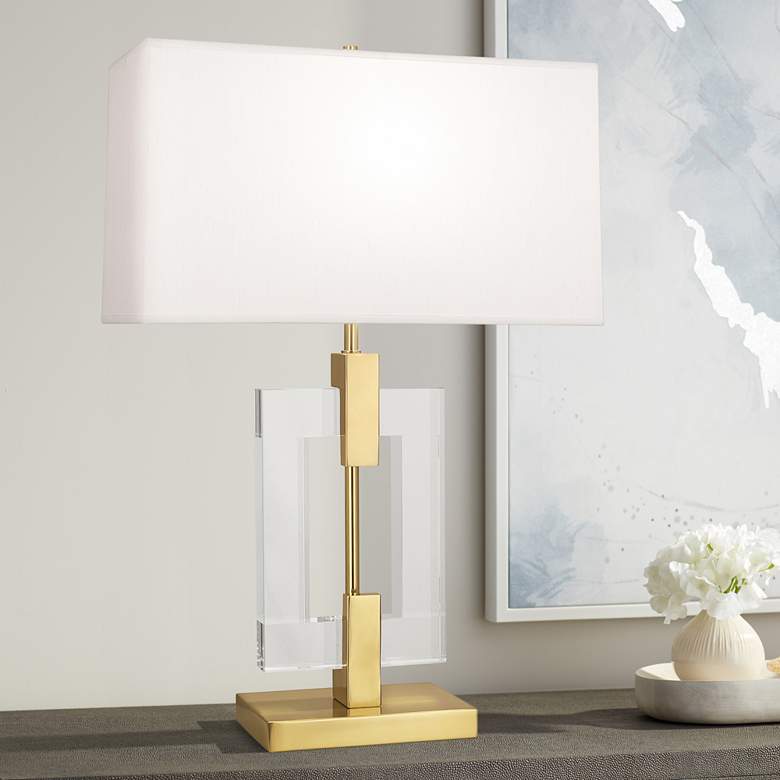 Image 1 Lincoln Brass Metal and Crystal Table Lamp with Pearl Shade