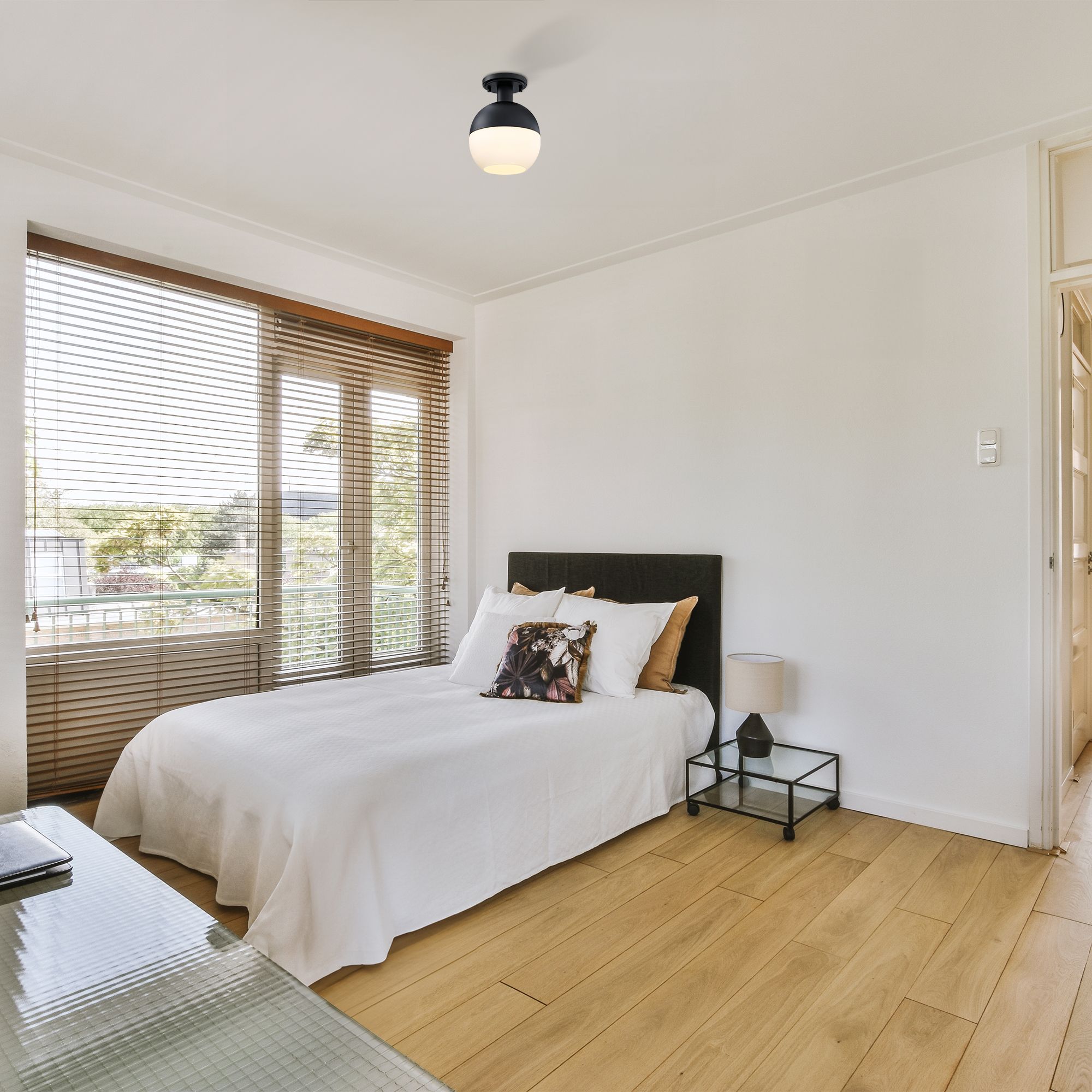 Image 7 Linden 8 in. 1-Light Matte Black Mid-Century Modern Semi Flush Mount more views