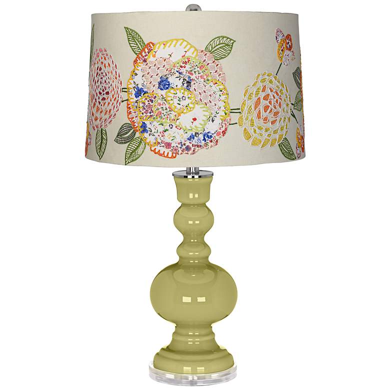 Image 1 Linden Green Embroidered Calico Shade Apothecary Table Lamp