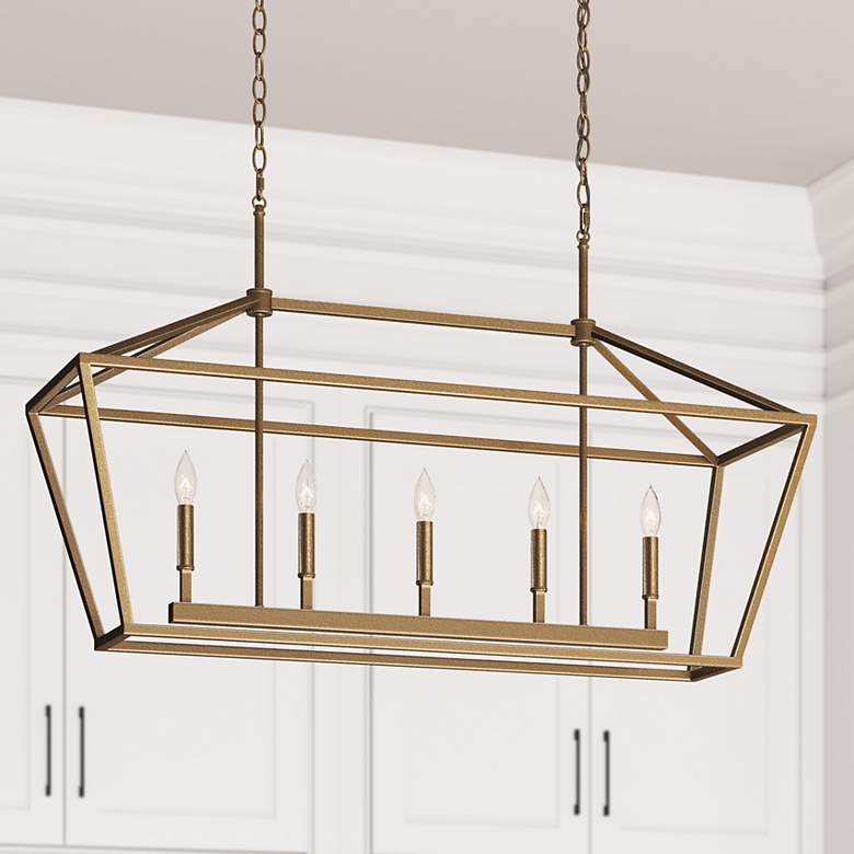 Image 1 Linear 40" Wide Vintage Gold 5-Light Island Pendant