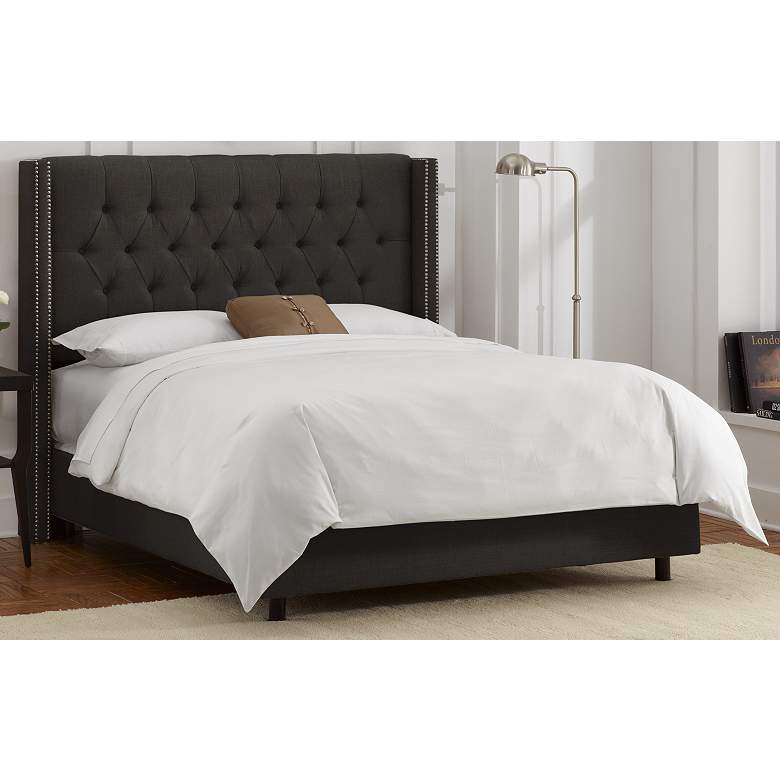 Image 1 Linen Charcoal Diamond Tufted Wingback Queen Bed