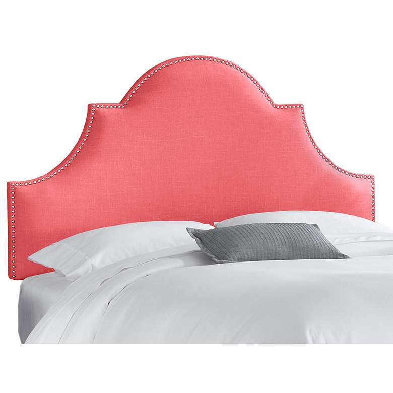 Image 1 Linen Coral Nail Button Arch Notched Queen Headboard