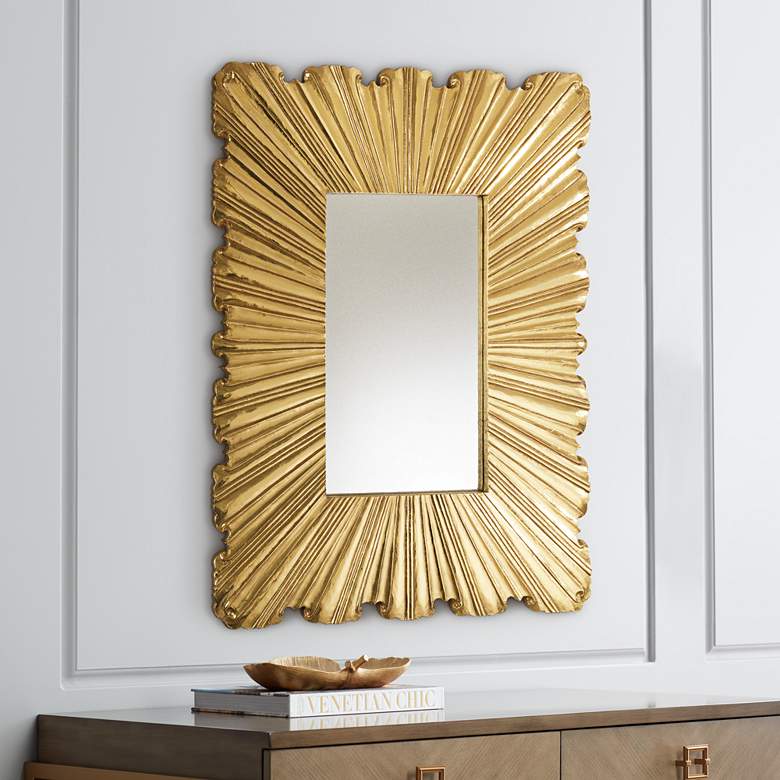 Image 1 Linen Fold Brass 31 1/2" x 39 1/4" Sunburst Wall Mirror