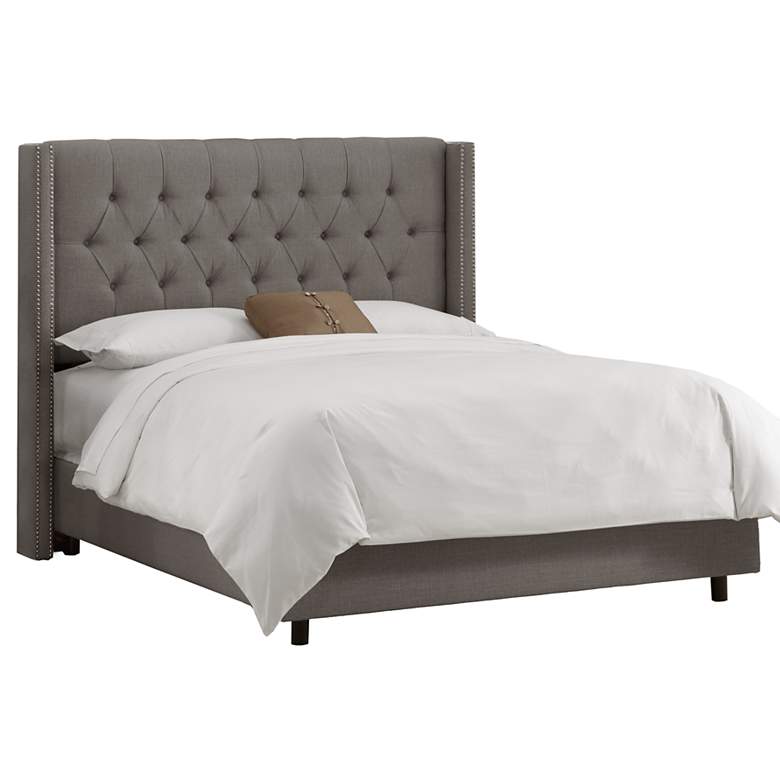 Image 1 Linen Gray Diamond Tufted Wingback Queen Bed