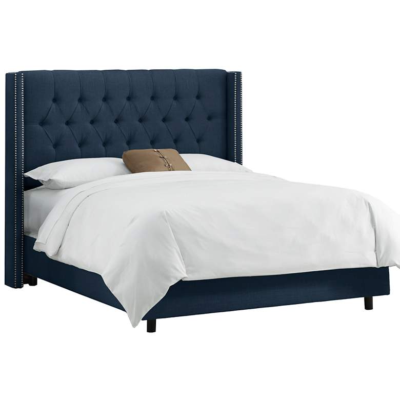 Image 1 Linen Navy Diamond Tufted Wingback Queen Bed