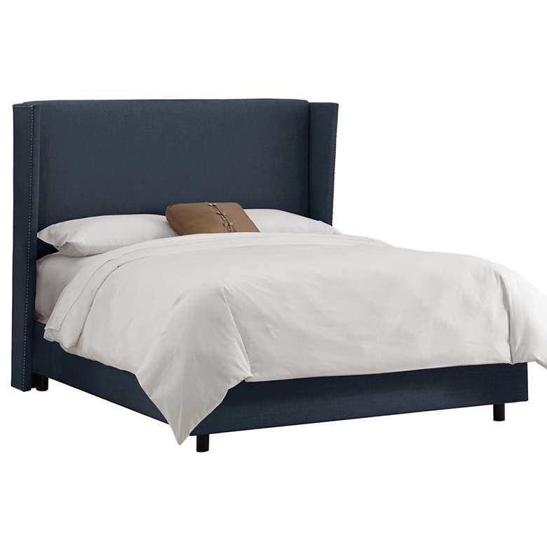 Image 1 Linen Navy Nail Button Wingback Queen Bed