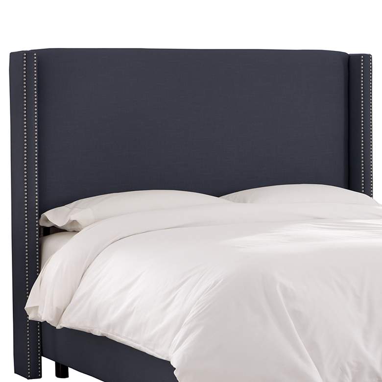 Image 1 Linen Navy Nail Button Wingback Queen Headboard