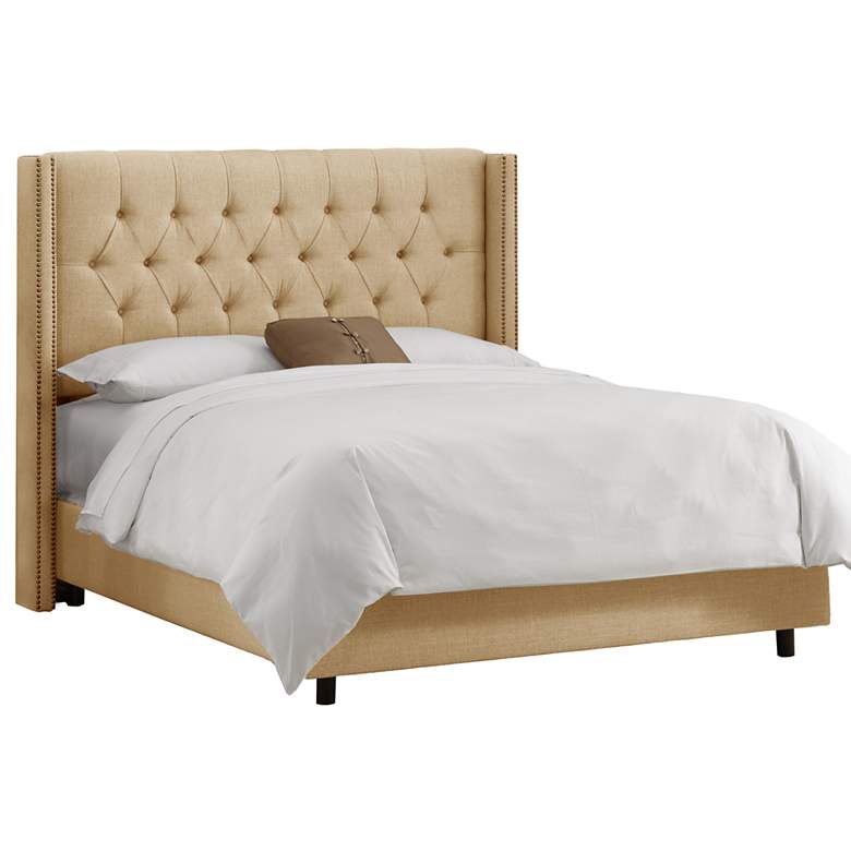 Image 1 Linen Sandstone Diamond Tufted Wingback Queen Bed