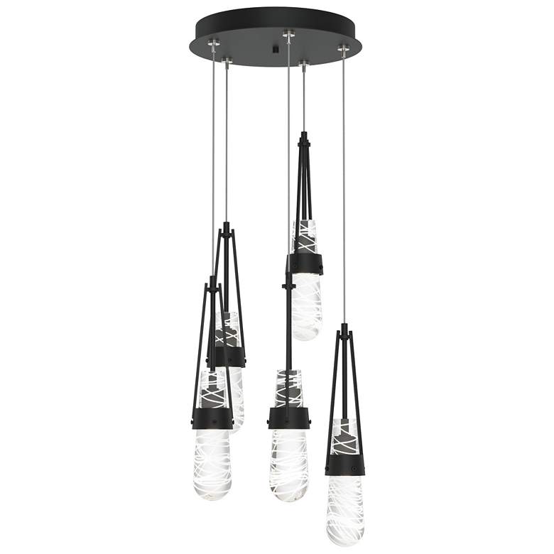 Image 1 Link 13 inchW 5-Light Black Long Pendant w/ Clear White Threaded Glass Sha