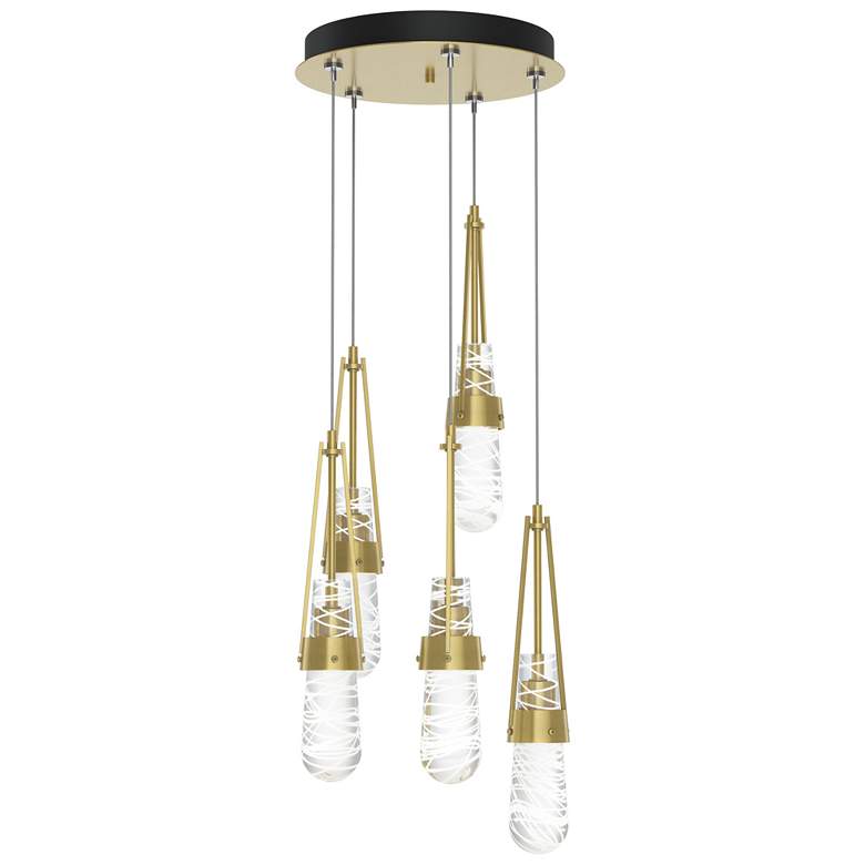 Image 1 Link 13"W 5-Light Brass Long Pendant w/ Clear White Threaded Glass Sha
