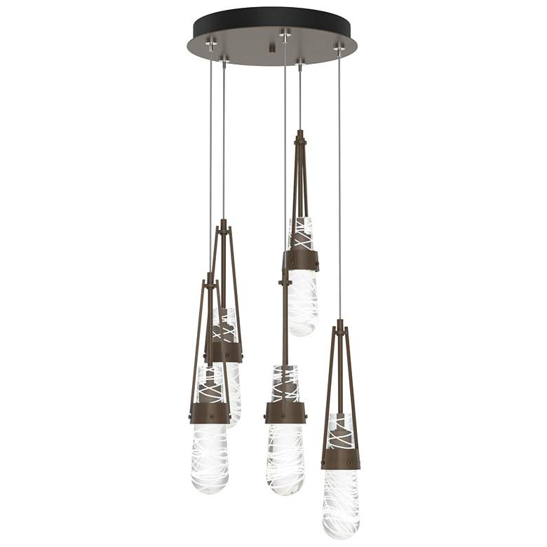 Image 1 Link 13"W 5-Light Bronze Long Pendant w/ Clear White Threaded Glass Sh