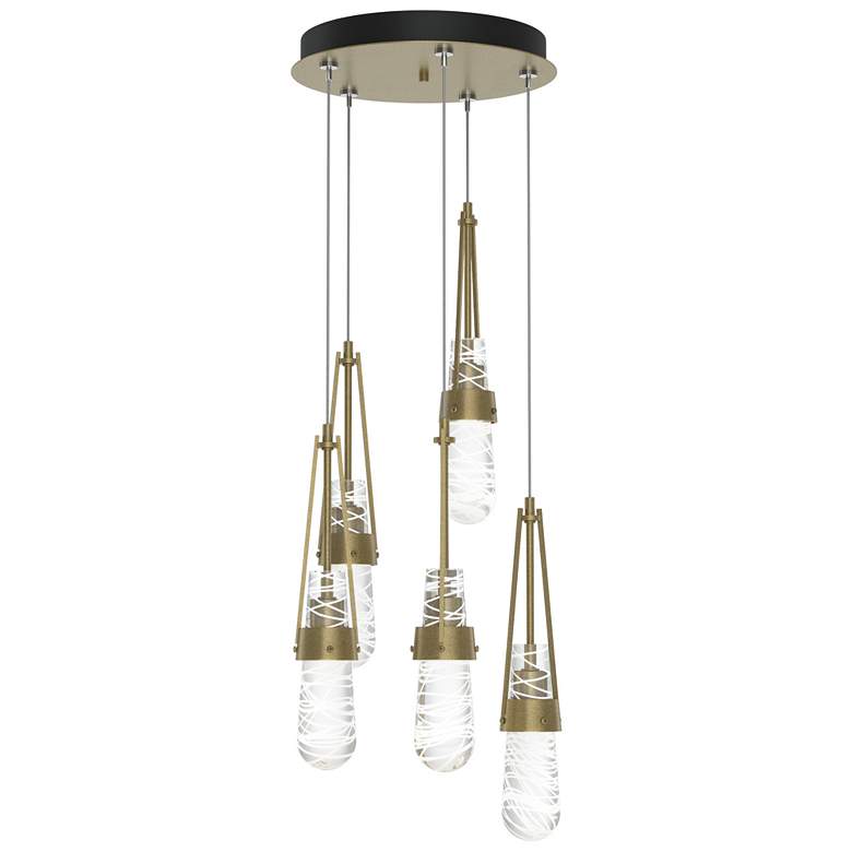 Image 1 Link 13"W 5-Light Gold Long Pendant w/ Clear White Threaded Glass Shad