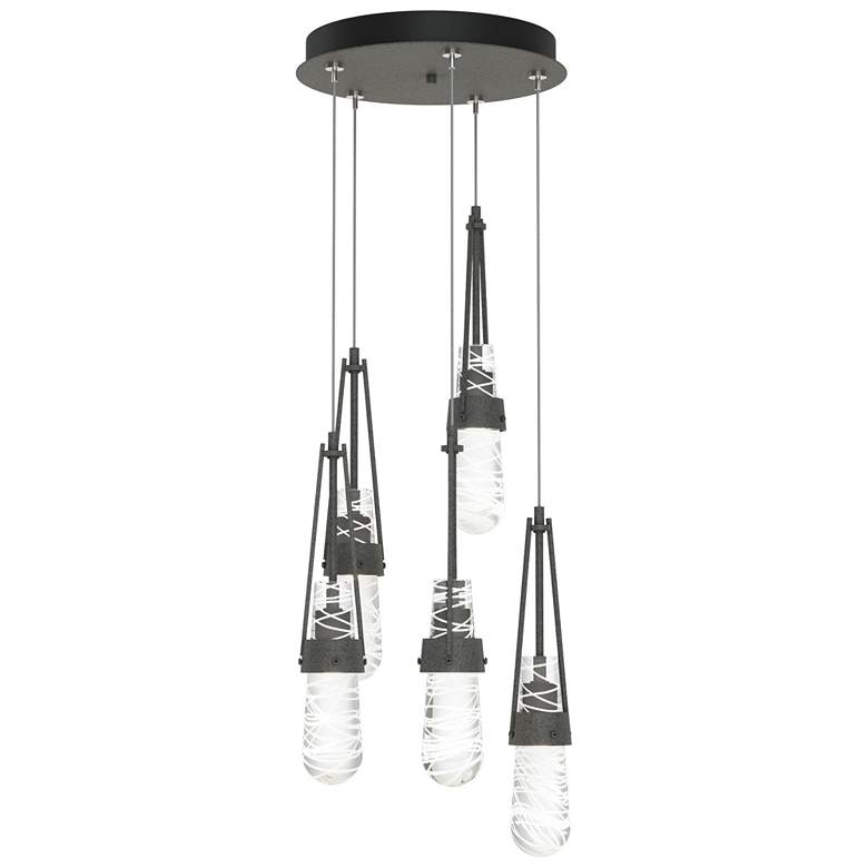 Image 1 Link 13"W 5-Light Iron Long Pendant w/ Clear White Threaded Glass Shad