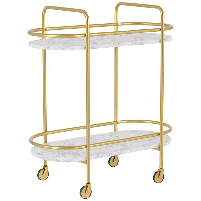 Image 2 Linne 33" Wide 2-Shelf Gold and Faux Marble Finish Luxe Bar Cart
