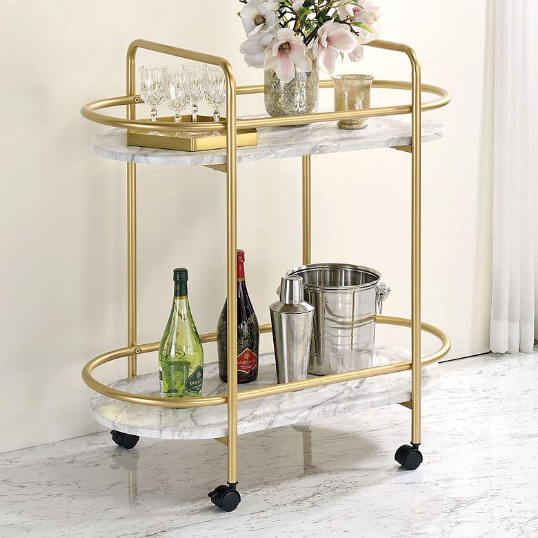 Image 1 Linne 33" Wide 2-Shelf Gold and Faux Marble Finish Luxe Bar Cart