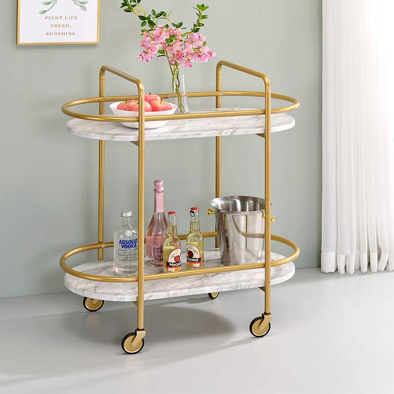 Image 7 Linne 33 inch Wide 2-Shelf Gold and Faux Marble Finish Luxe Bar Cart more views