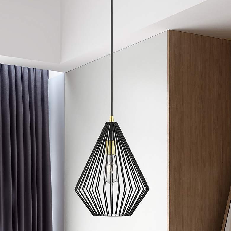 Image 2 Linz 1 Light Shiny Black with Polished Brass Accents Pendant
