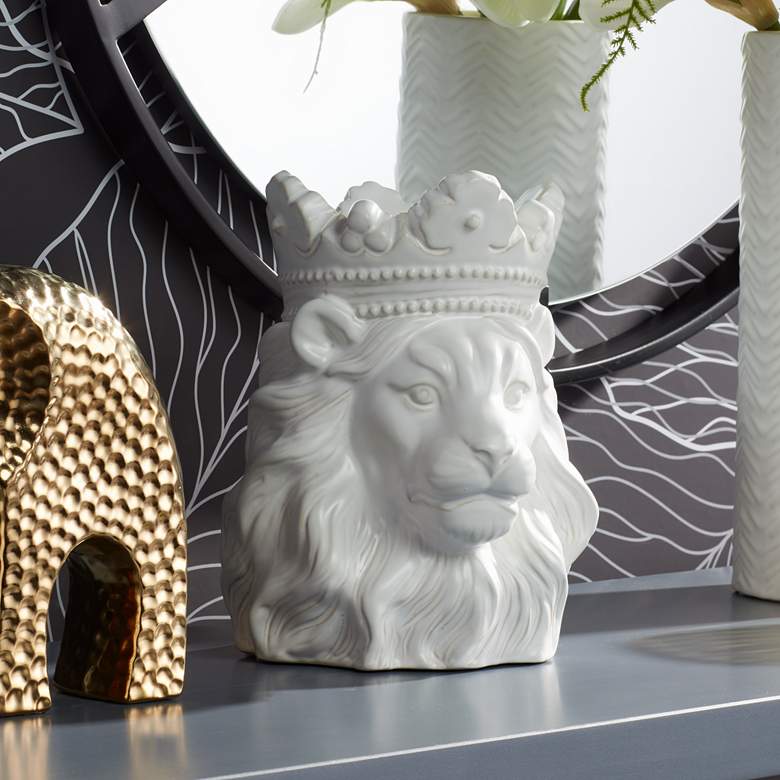 Image 1 Lion Bust with Crown 9 inch High Matte White Figurine