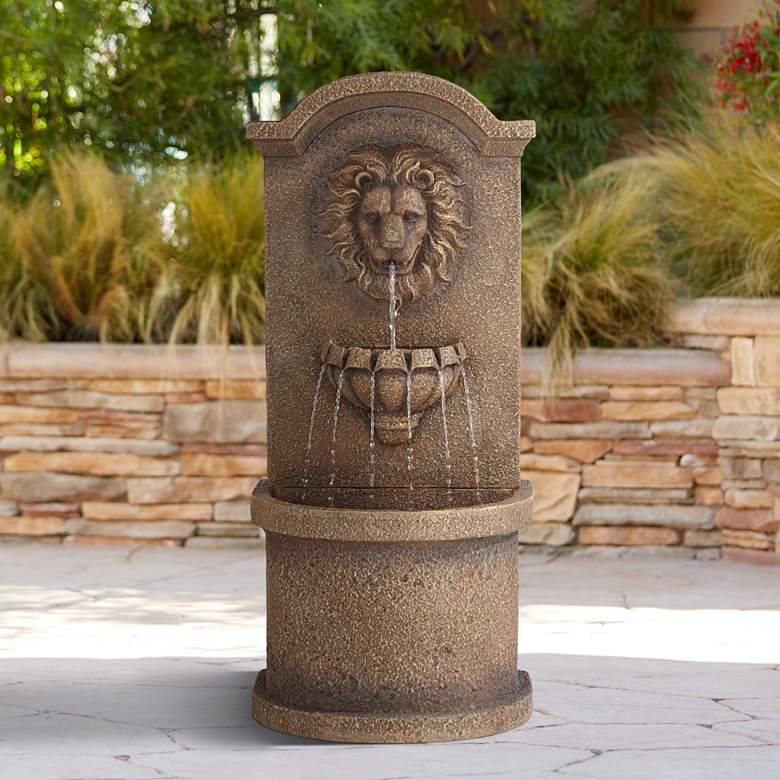 Image 2 Lion Face 45 inchH Sandstone Outdoor LED Wall/Floor Fountain