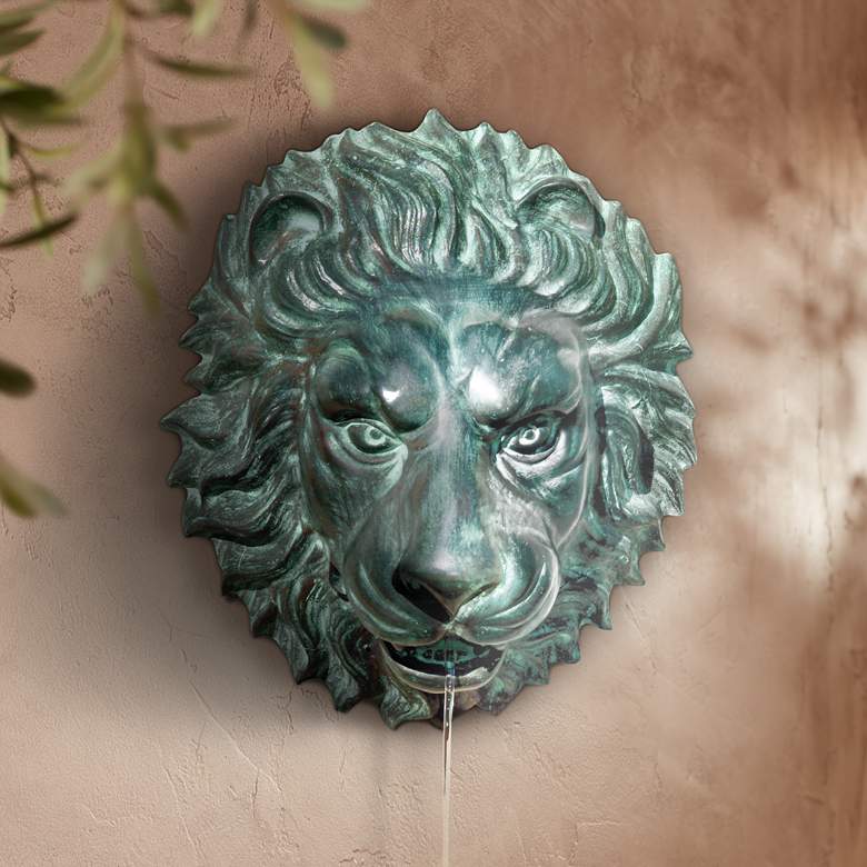 Image 2 Lion Head 14" High Brass Medallion Wall Fountain