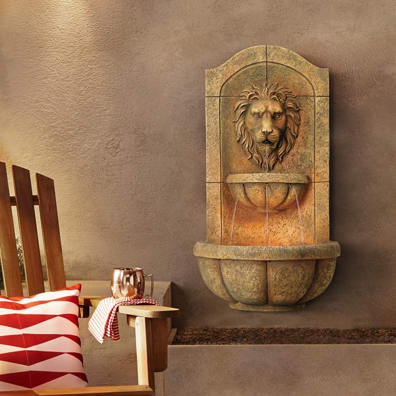 Image 2 Lion Head Faux Stone 29 1/2 inch High LED Wall Fountain