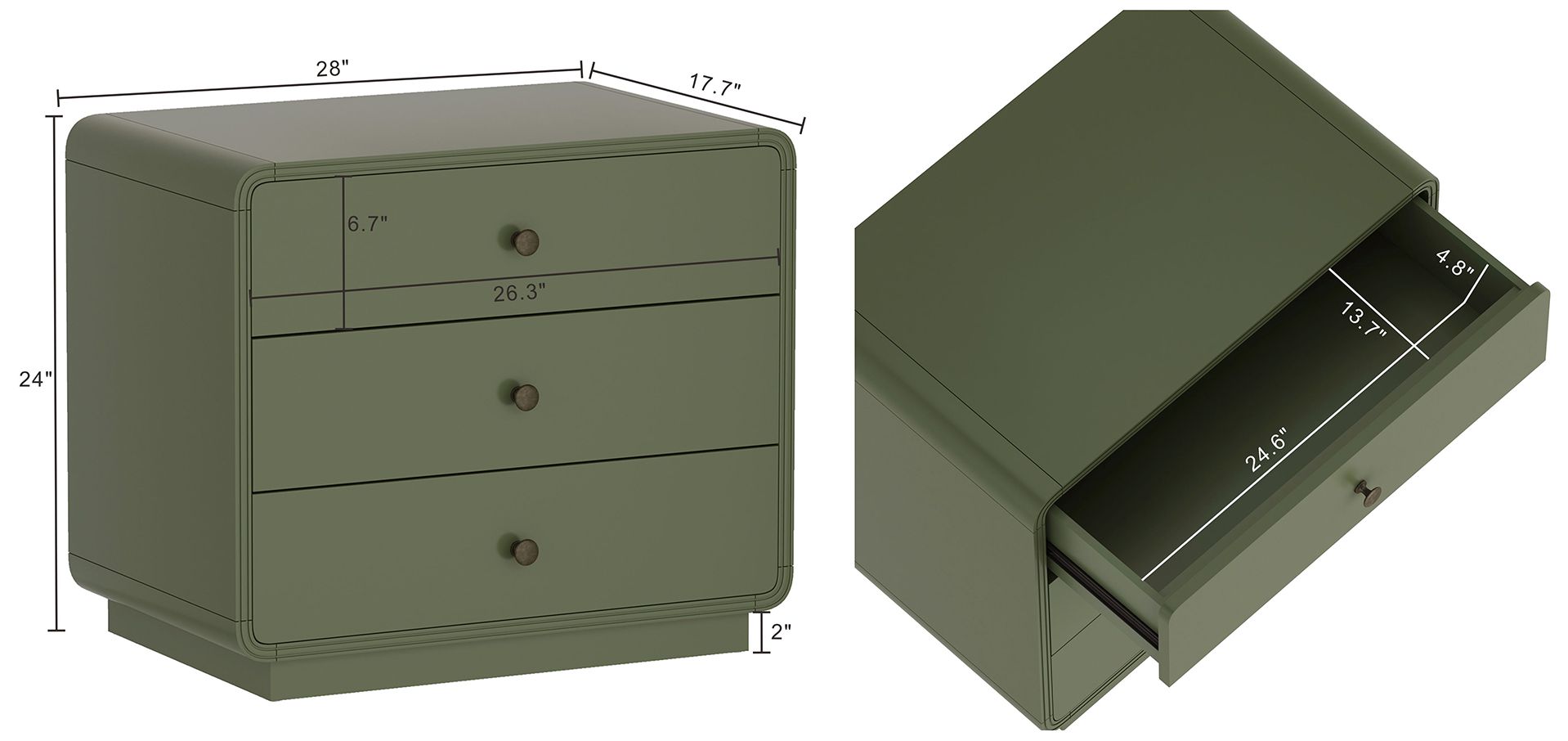 Image 4 Liora Contemporary 28" Nightstand in Green (3-Drawer) more views