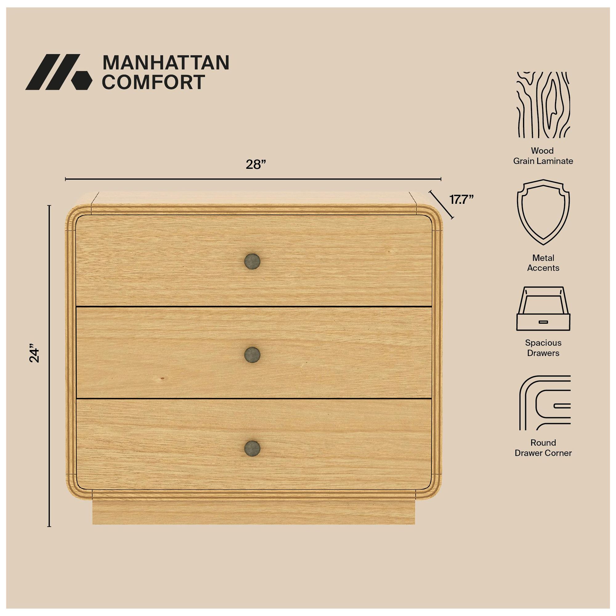 Image 5 Liora Contemporary 28" Nightstand in Natural (3-Drawer) more views