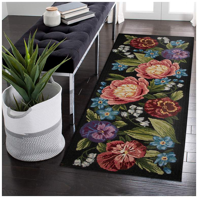 Image 1 Liora Manne Esencia Secret Garden Indoor/Outdoor Mat Black 1'11"x4'11"