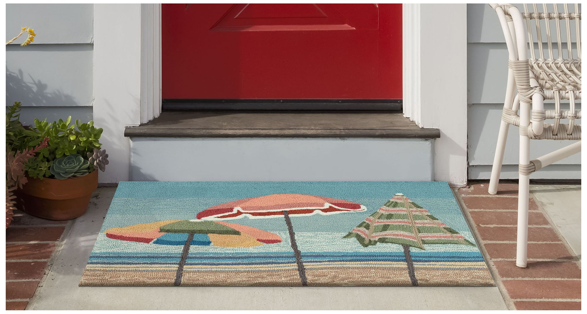 Liora Manne Frontporch Beach Umbrellas Indoor/Outdoor Mat Aqua 2'x3'