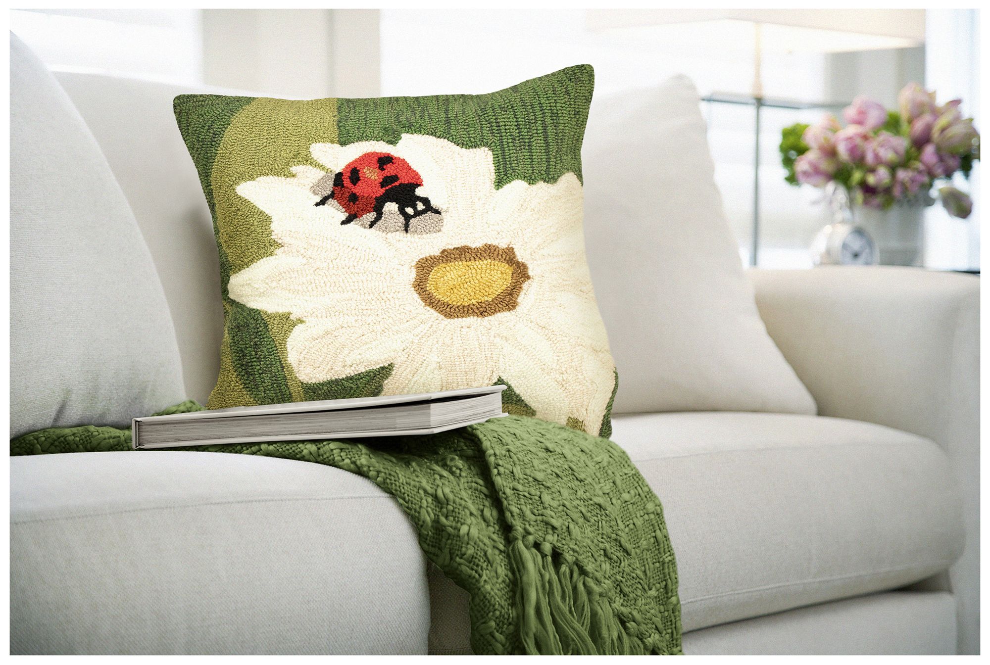 Image 7 Liora Manne Frontporch Ladybug Indoor/Outdoor Pillow Green 18"x18&quot more views
