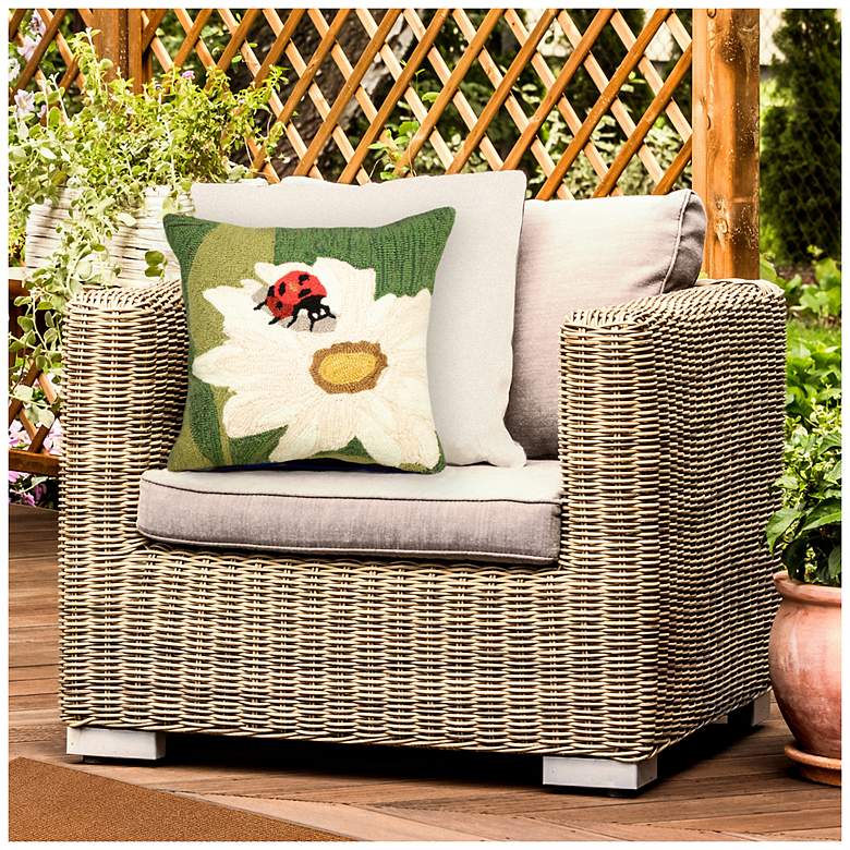 Image 3 Liora Manne Frontporch Ladybug Indoor/Outdoor Pillow Green 18"x18" more views