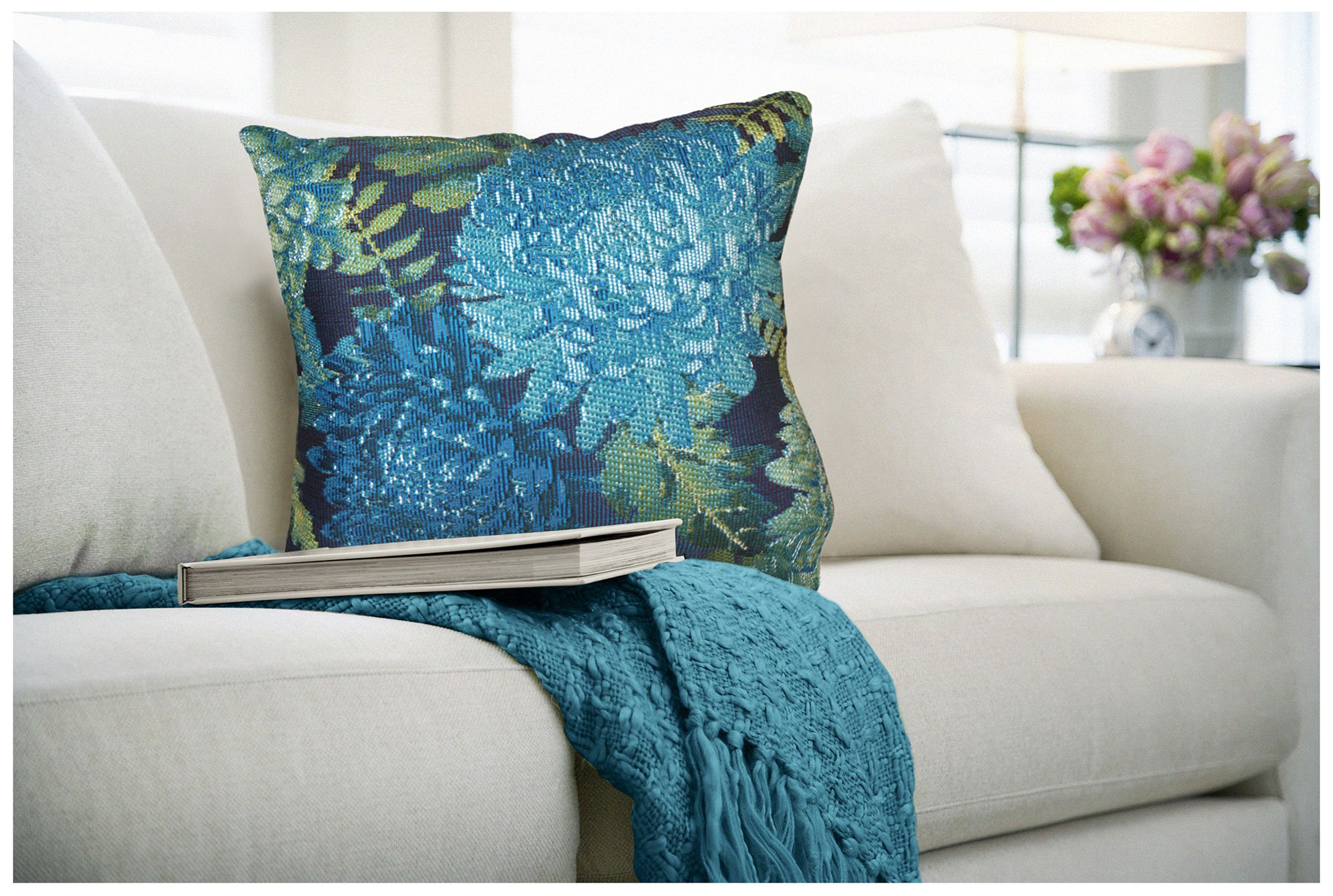 Image 7 Liora Manne Marina Mums Indoor/Outdoor Pillow Blue 18"x18" more views
