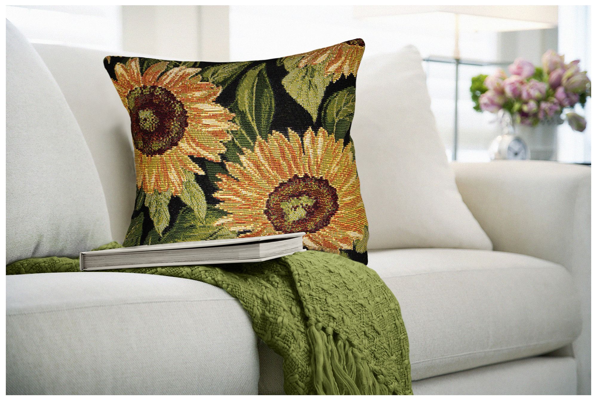 Liora Manne Marina Sunflowers Indoor/Outdoor Pillow Black 18"x18"