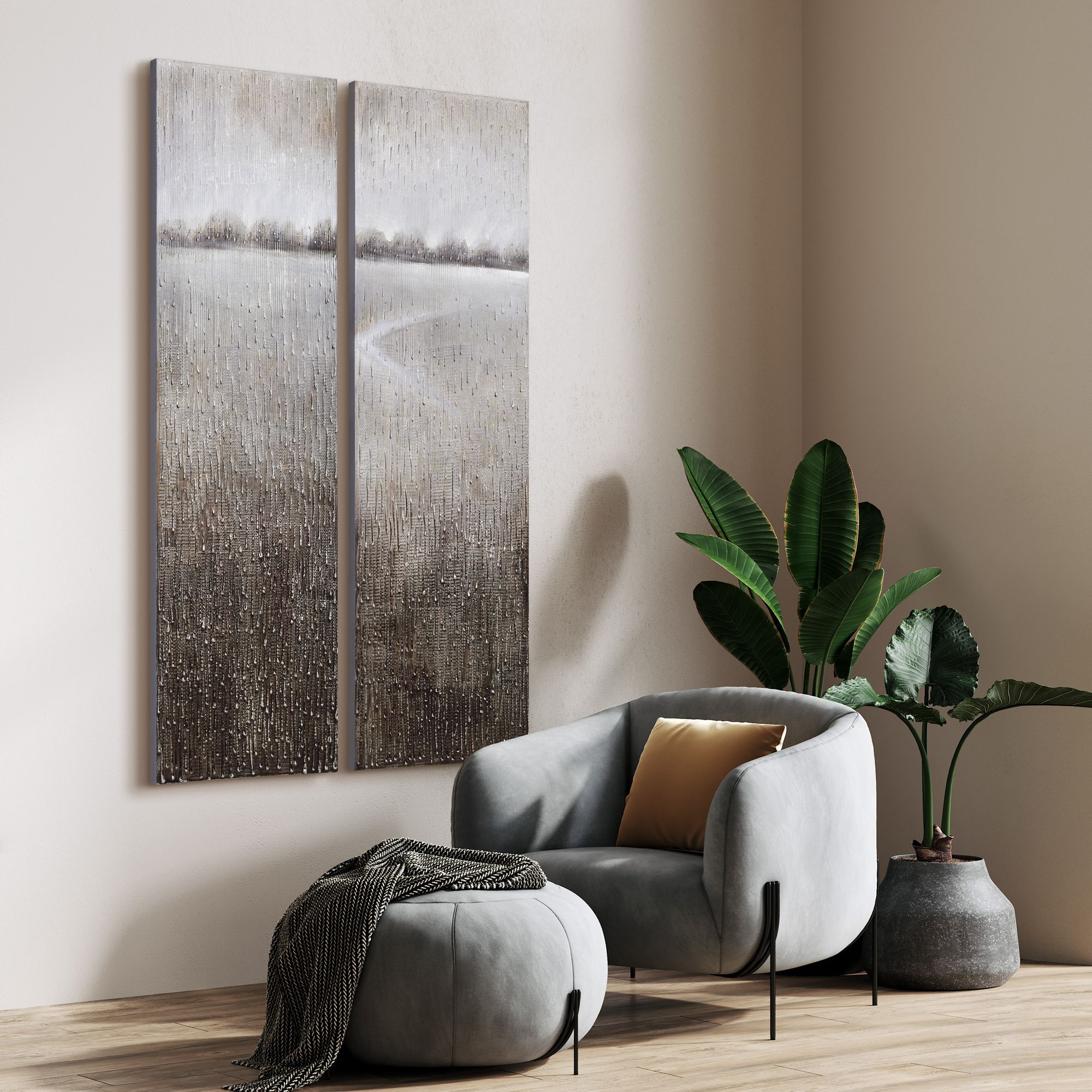 Listlessness 60" High Metallic 2-Piece Canvas Wall Art Set in scene