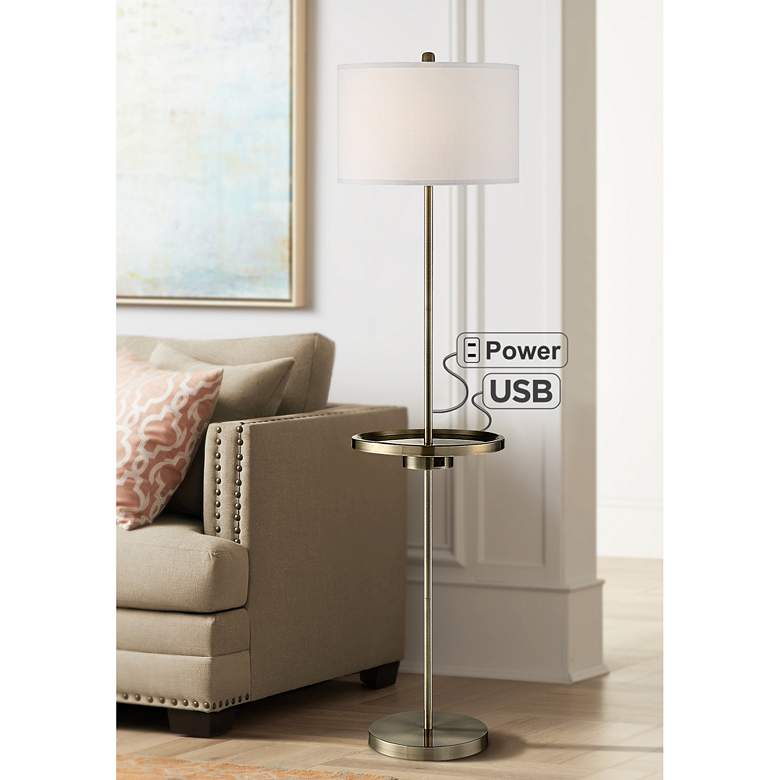 Image 1 Lite Source Brass 62 inch Outlet and USB Floor Lamp with Tray Table