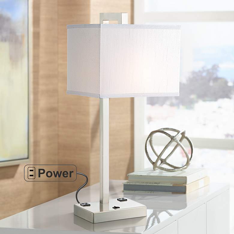 Image 1 Lite Source Contento 27" Modern Polished Steel Table Lamp with Outlets