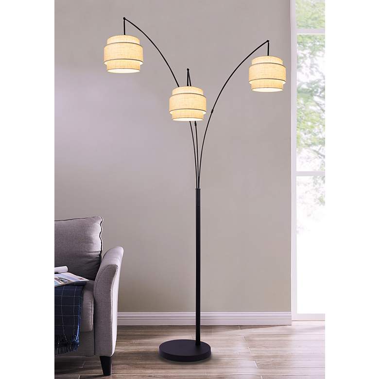 Image 1 Lite Source Deena 91" High Black Finish Drum Shade Arc Floor Lamp