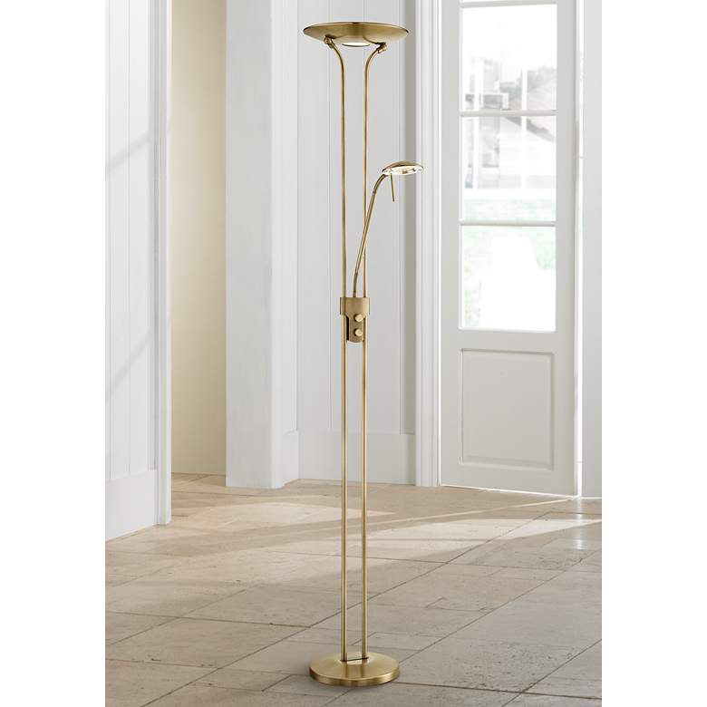 Image 1 Lite Source Duality III Antique Brass LED Reading Floor Lamp