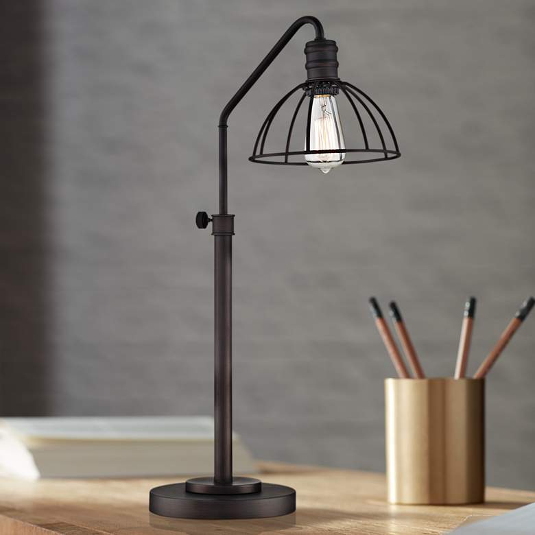 Image 1 Lite Source Gaius Adjustable Height Bronze Industrial Cage Desk Lamp