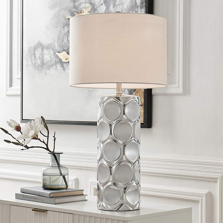 Image 1 Lite Source Godfried Plated Silver Column Ceramic Table Lamp