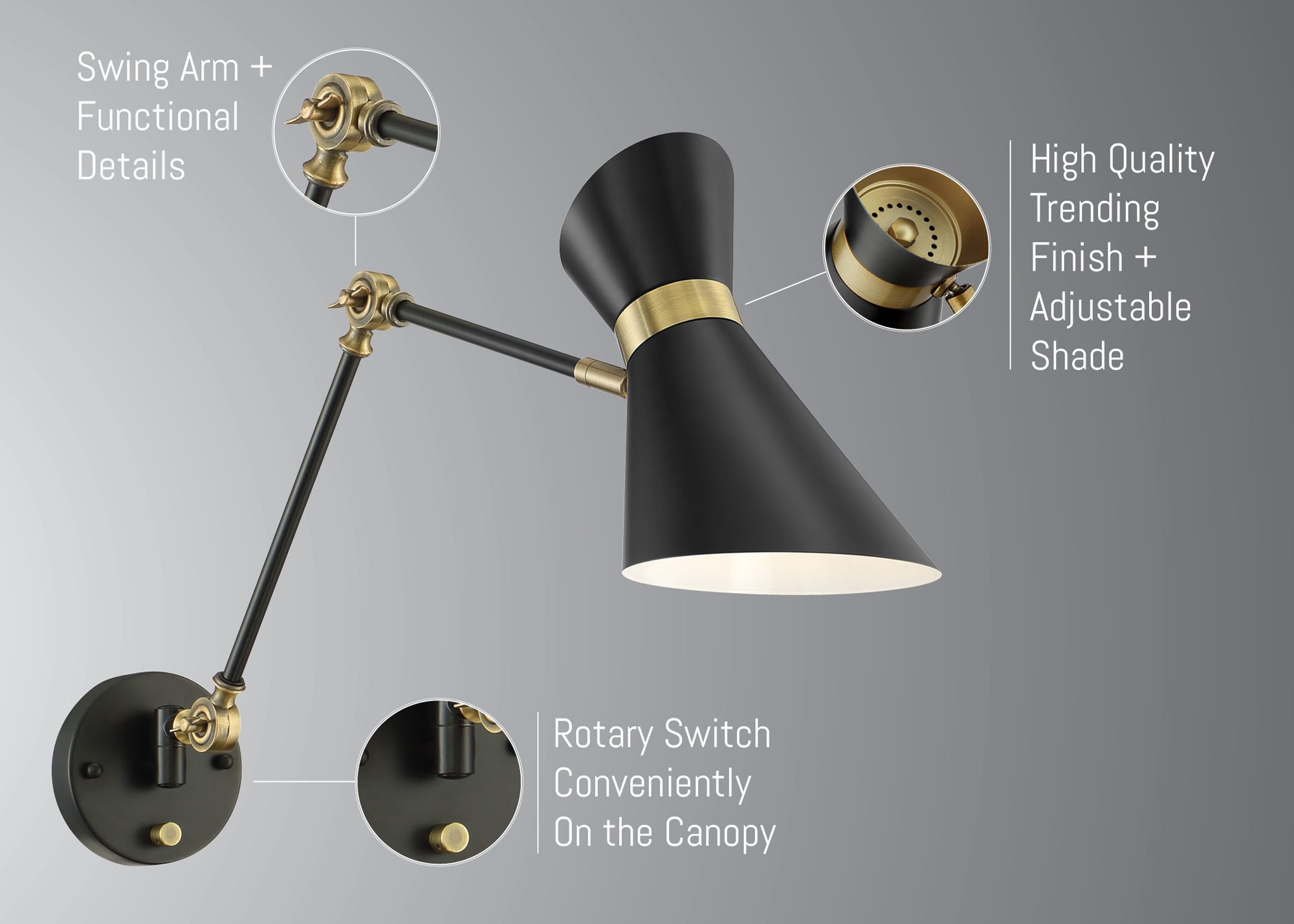 Image 4 Lite Source Jared black and gold wall sconce with adjustable arm and shade more views