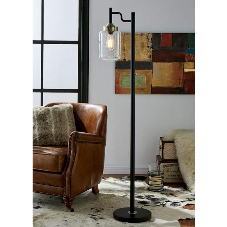 Image 1 Lite Source Luken 60 1/2" Black and Seeded Glass Offset Arm Floor Lamp