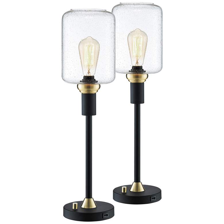 Lite Source Luken Black Metal Table Lamps Set of 2 with USB Ports