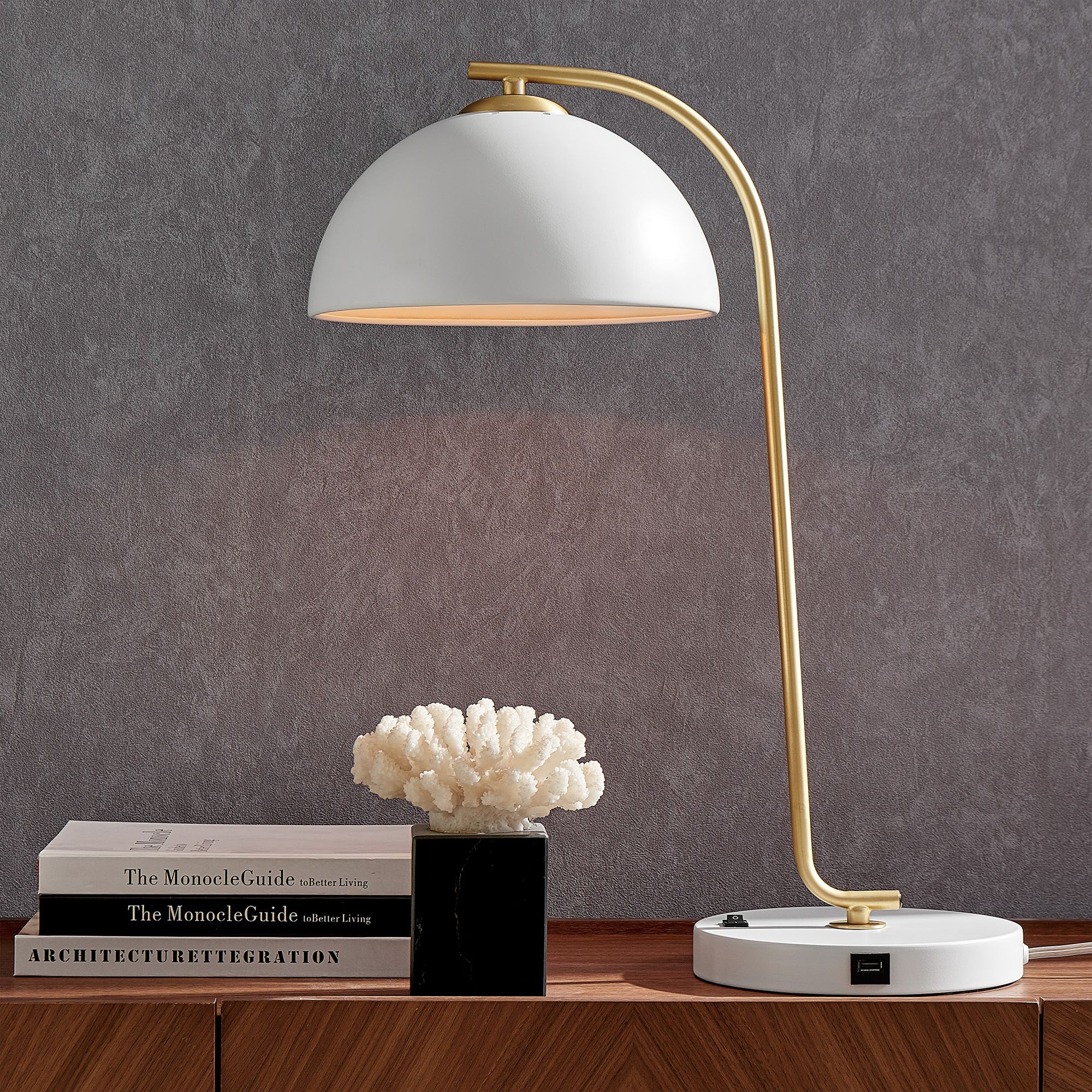 white and brass desk lamp