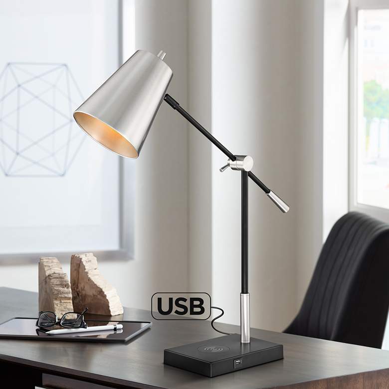 Image 1 Lite Source Salma 30 inch Nickel Balance Arm USB and Charge Pad Desk Lamp