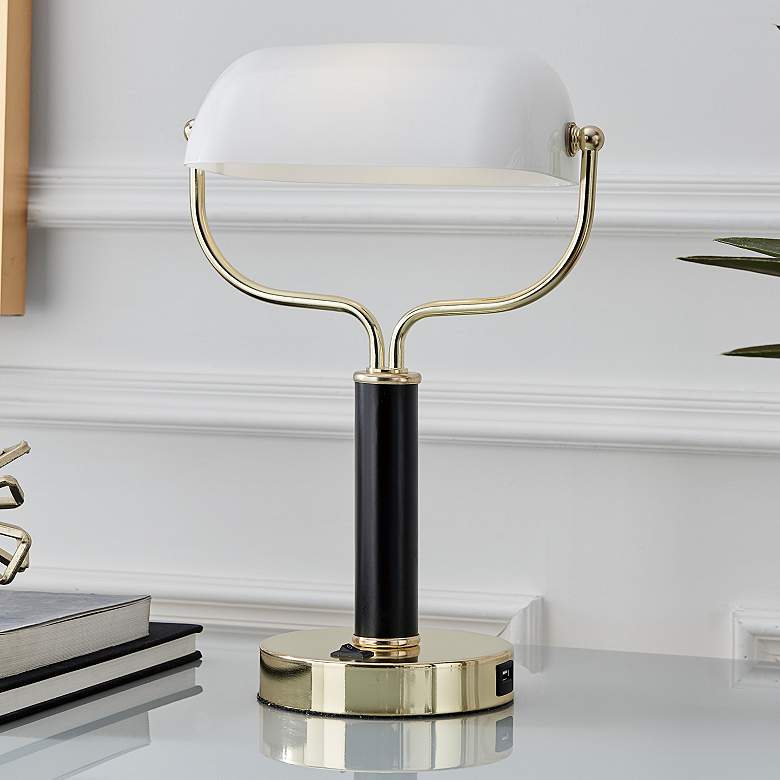 Image 1 Lite Source Yanni 15 inch Black and Gold Banker Desk Lamp with USB Port