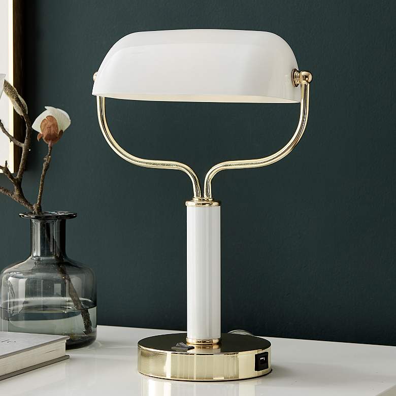 Image 1 Lite Source Yanni 15" White and Gold Banker Desk Lamp with USB Port
