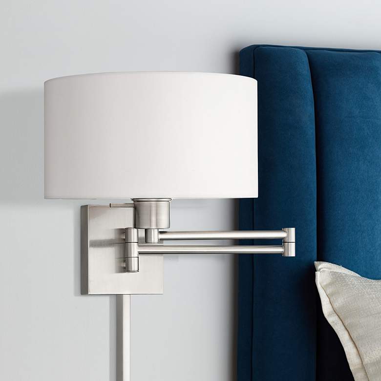 Image 1 Livex 11" Drum Shade Brushed Nickel Plug-In Swing Arm Wall Lamp